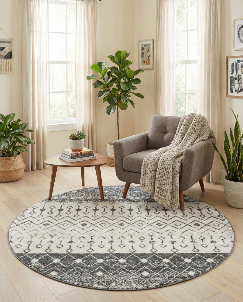 Mediterranean Lattice Collection Area Rug -  Casablanca (Ivory and Gray) Round Ivory and Gray  lifestyle 81