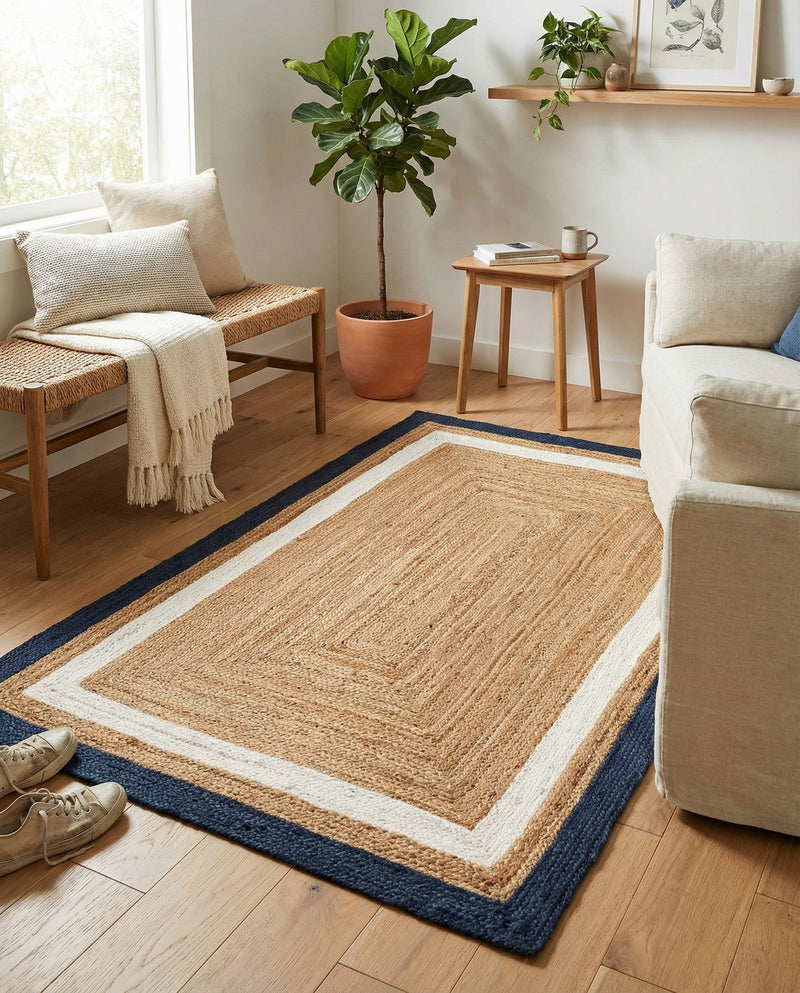 Woven Seaside Jute Collection Area Rug - Nantucket Rectangle Navy Blue White Natural  lifestyle 35