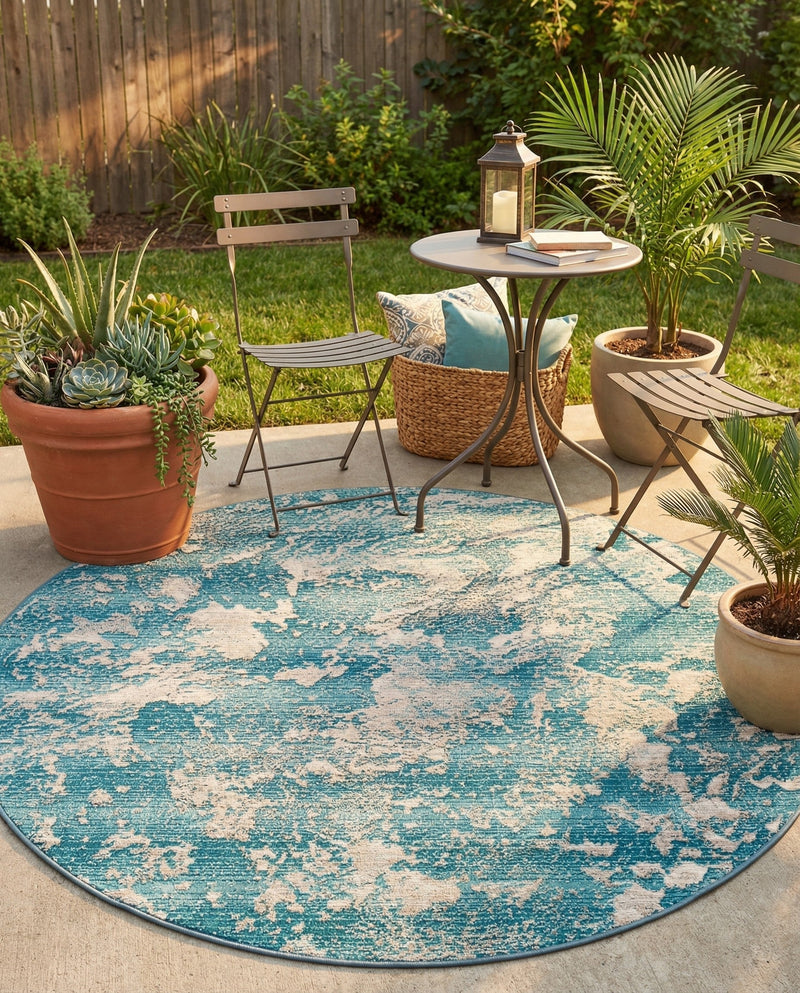 Urban Terrace Collection Area Rug -  Gazebo Round Aqua Blue  lifestyle 73