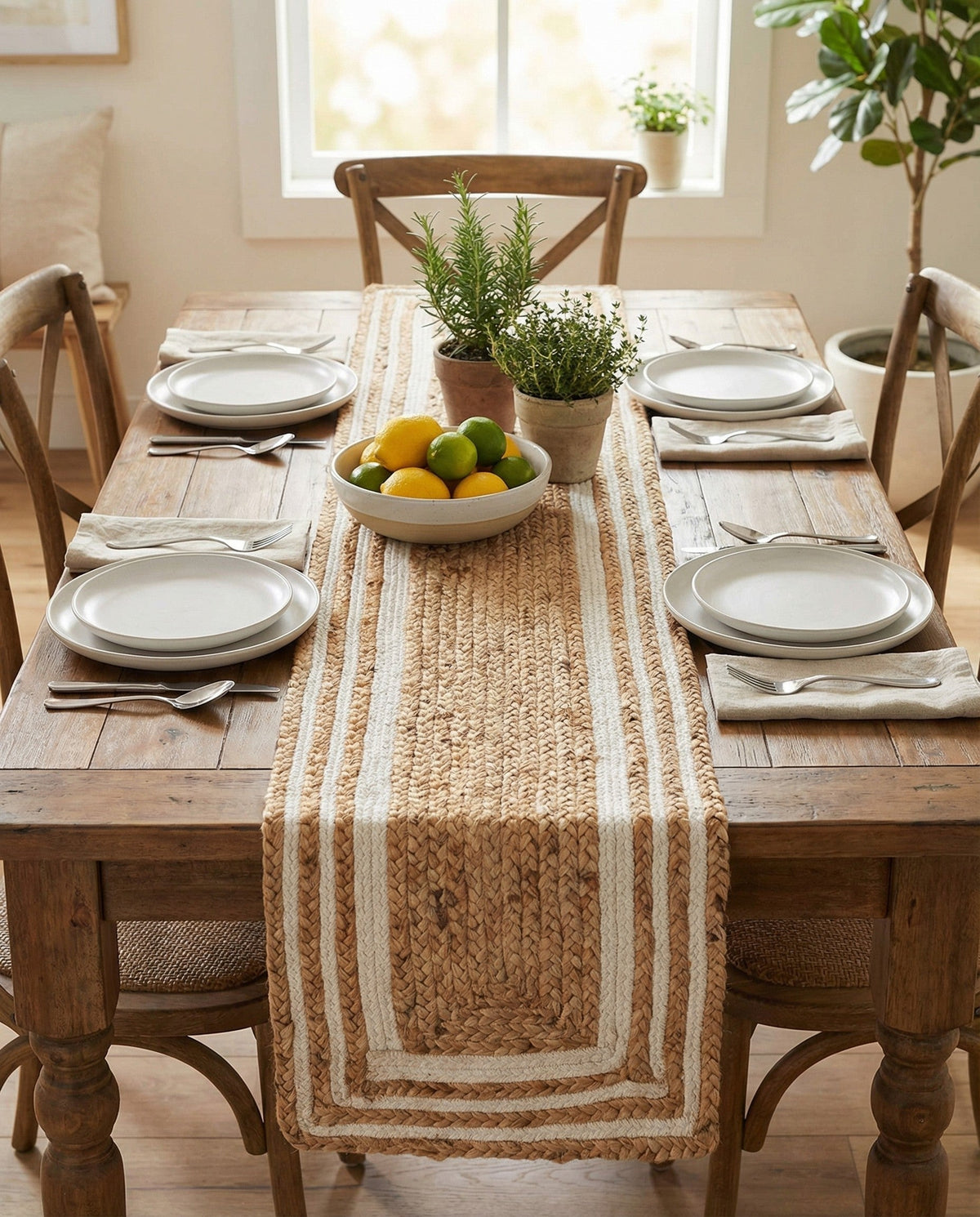 Woven Seaside Jute Collection Area Rug - Nantucket Table Runner Natural and White  lifestyle 74