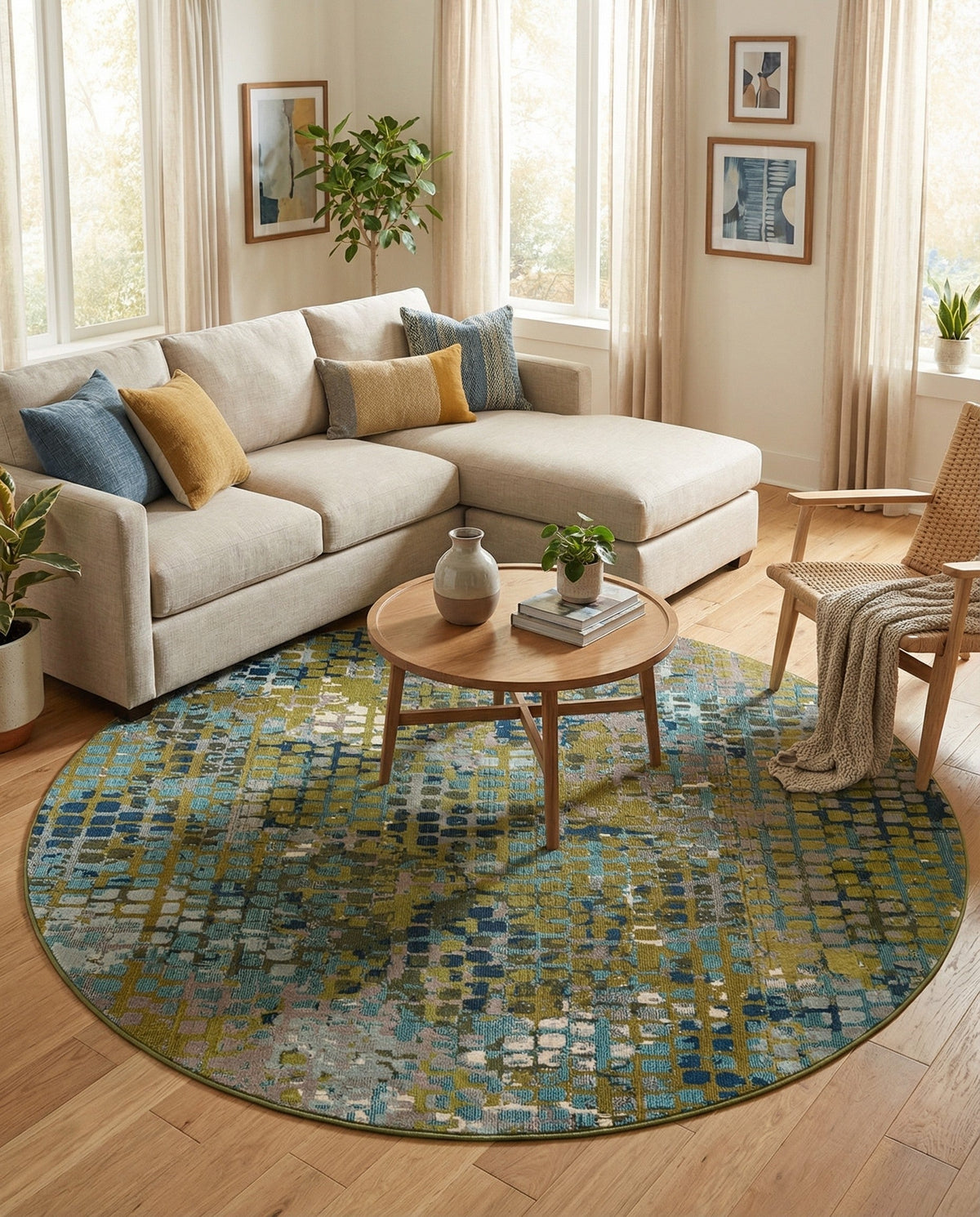 Chromatic Oasis Collection Area Rug -  Tropic Round Blue Green  lifestyle 118