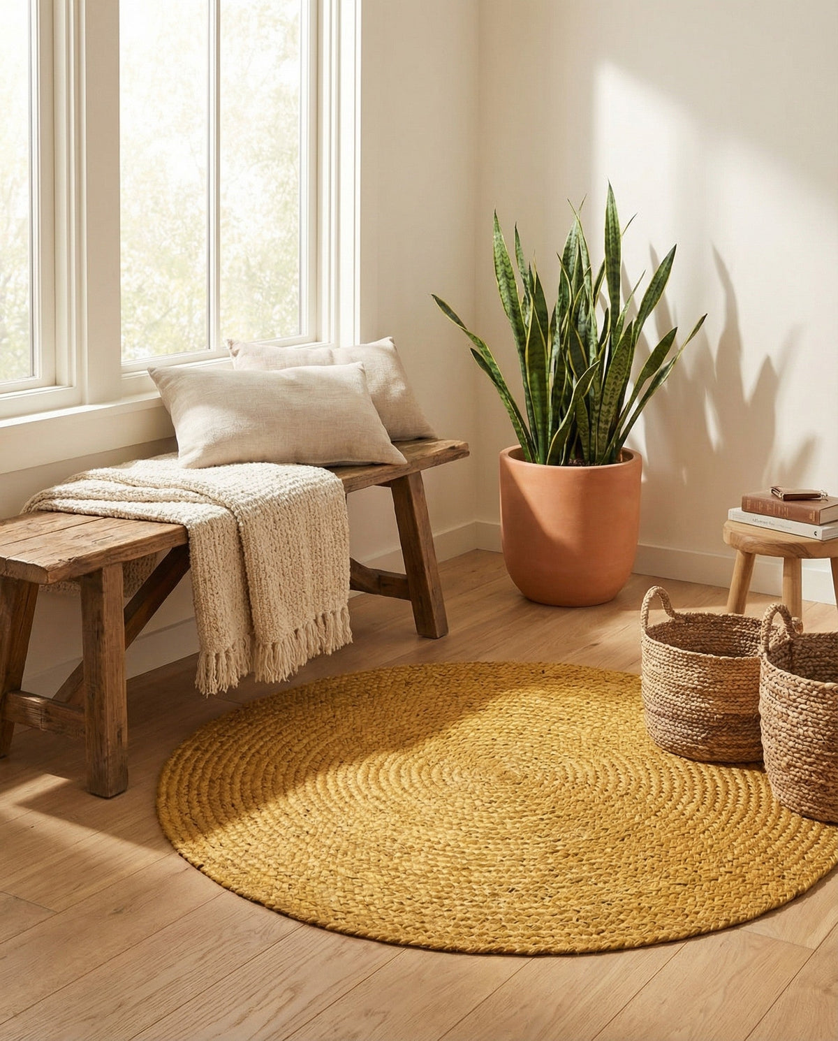Woven Seaside Jute Collection Area Rug - Savannah (Yellow) Round Yellow  lifestyle 53