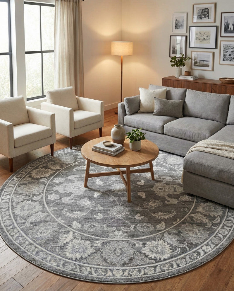 Charleston Elegance Collection Area Rug -  Seaport (Gray) Round Gray  lifestyle 45