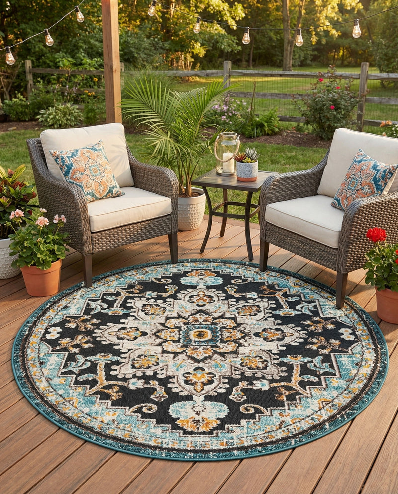 Outdoor Marrakesh Collection Area Rug -  Essaouira Round Navy Blue  lifestyle 76