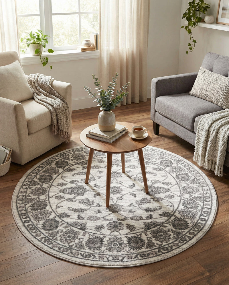 Charleston Elegance Collection Area Rug -  Seaport (white Gray) Round white Gray  lifestyle 37