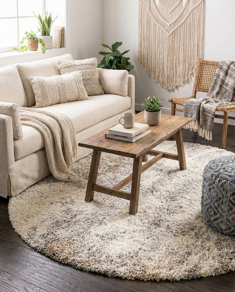Cozy Haven Shag Collection Area Rug -  Tranquility (Khaki) Round Khaki  lifestyle 31