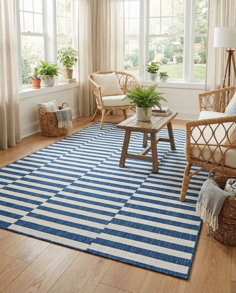 Seaside Stripes Collection Area Rug - Cabana (Blue) Rectangle Blue  lifestyle 4