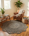 Woven Seaside Jute Collection Area Rug - Nantucket Round Black and White  lifestyle 32