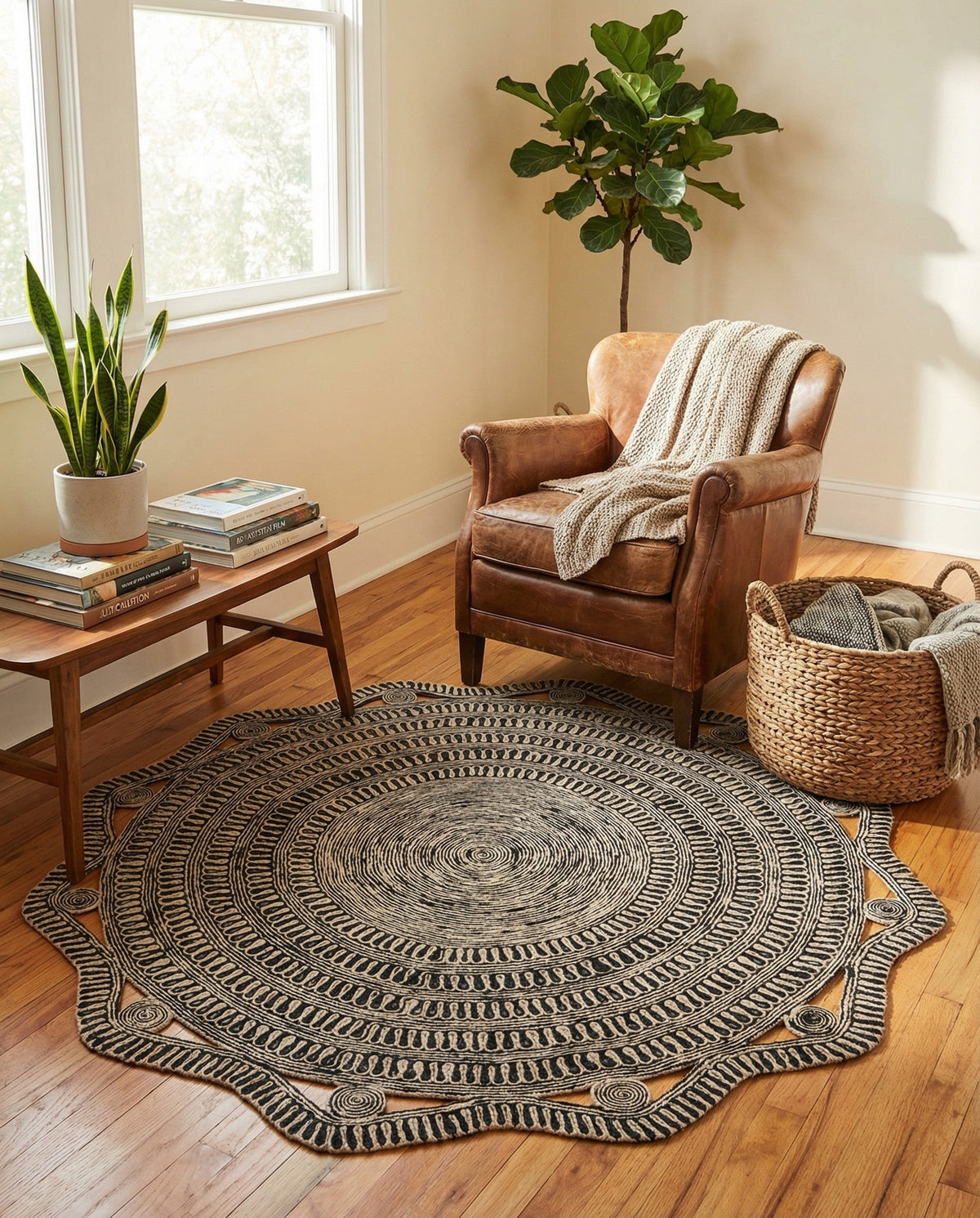 Woven Seaside Jute Collection Area Rug - Nantucket Round Black and White  lifestyle 32