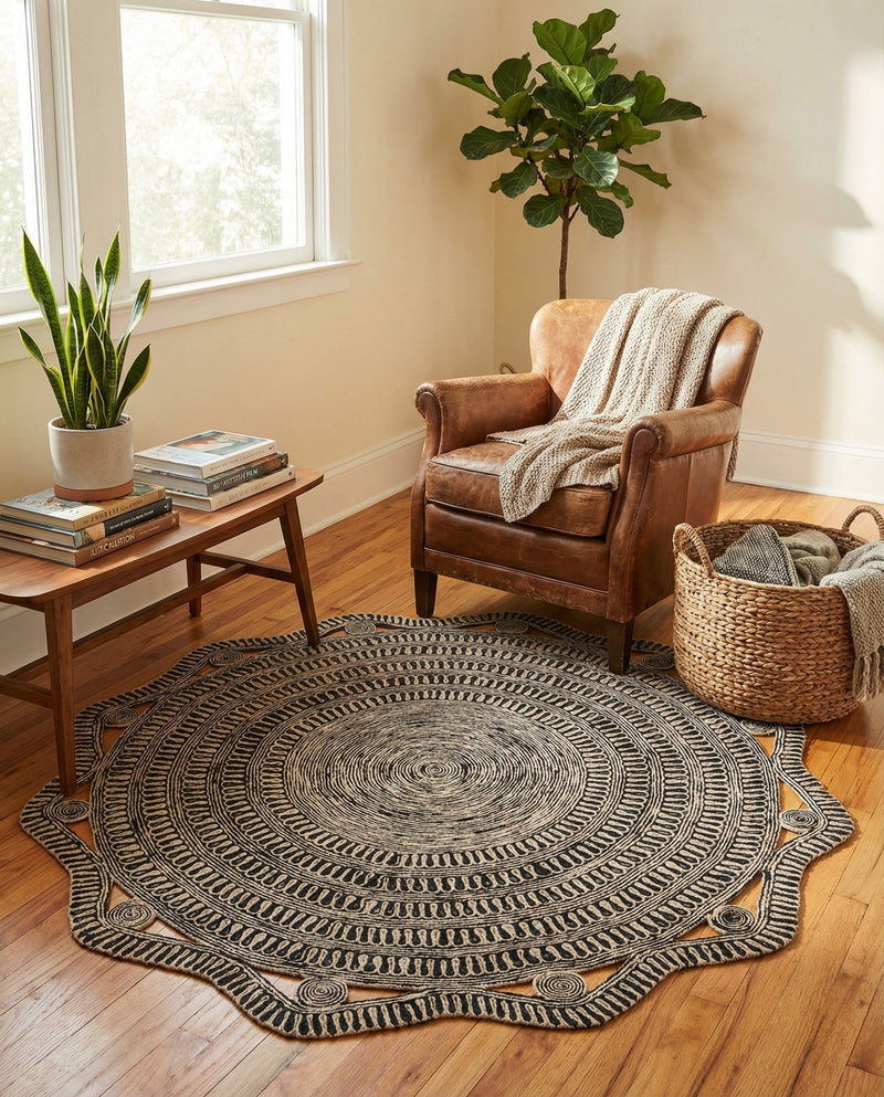 Woven Seaside Jute Collection Area Rug - Nantucket Round Black and White  lifestyle 32