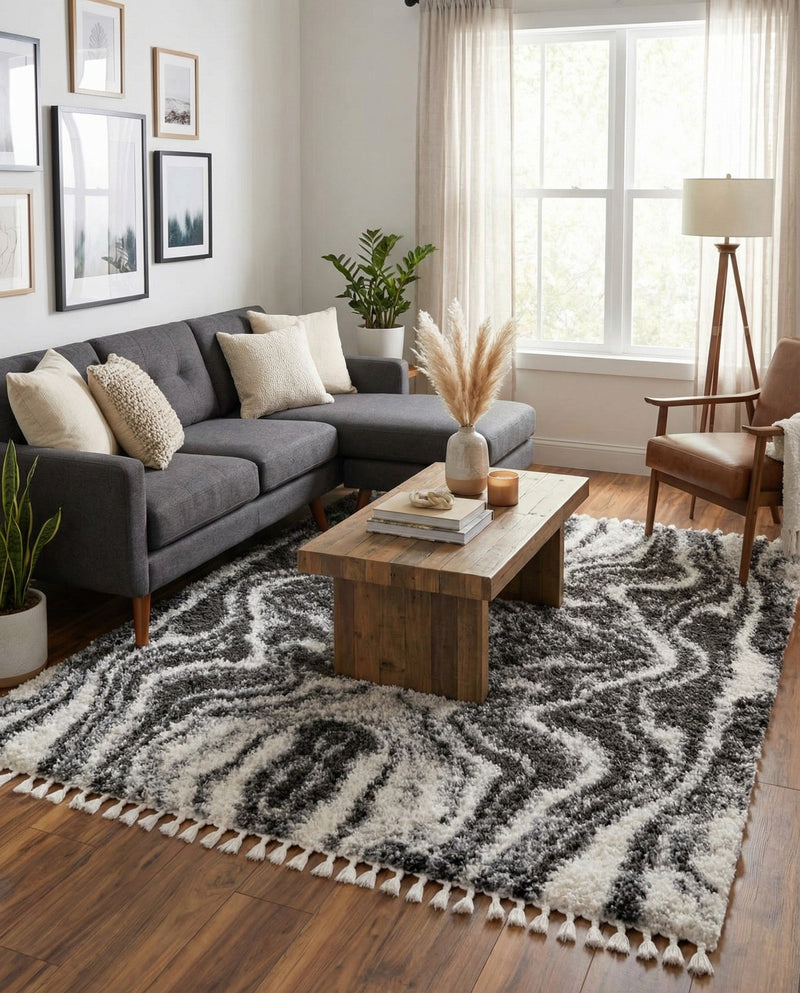 Cozy Cove Shag Collection Area Rug -  Seabreeze Rectangle Black and White  lifestyle 9