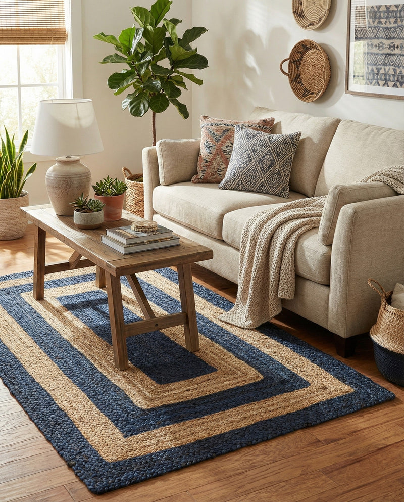 Woven Seaside Jute Collection Area Rug - Nautilus Rectangle Navy Blue Natural  lifestyle 5