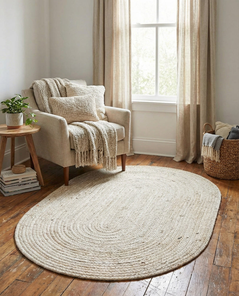 Woven Seaside Jute Collection Area Rug - Savannah (White) Oval White  lifestyle 52