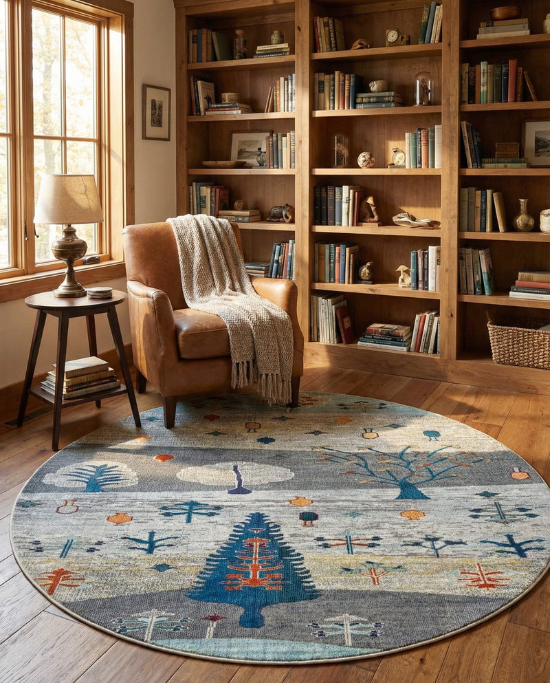 Colorburst Oasis Collection Area Rug -  Mosaic Round Ivory Gray Blue  lifestyle 70