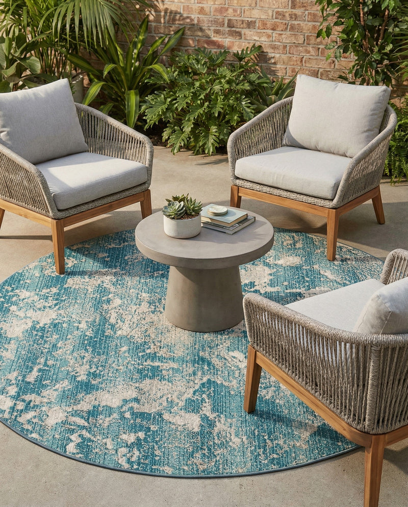 Urban Terrace Collection Area Rug -  Gazebo Round Aqua Blue  lifestyle 74