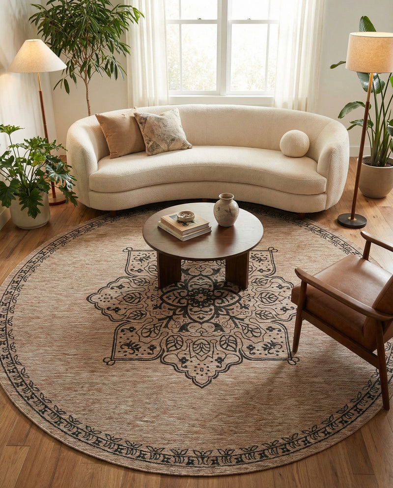 Patio Heritage Collection Area Rug -  Charleston (Beige) Round Beige  lifestyle 64