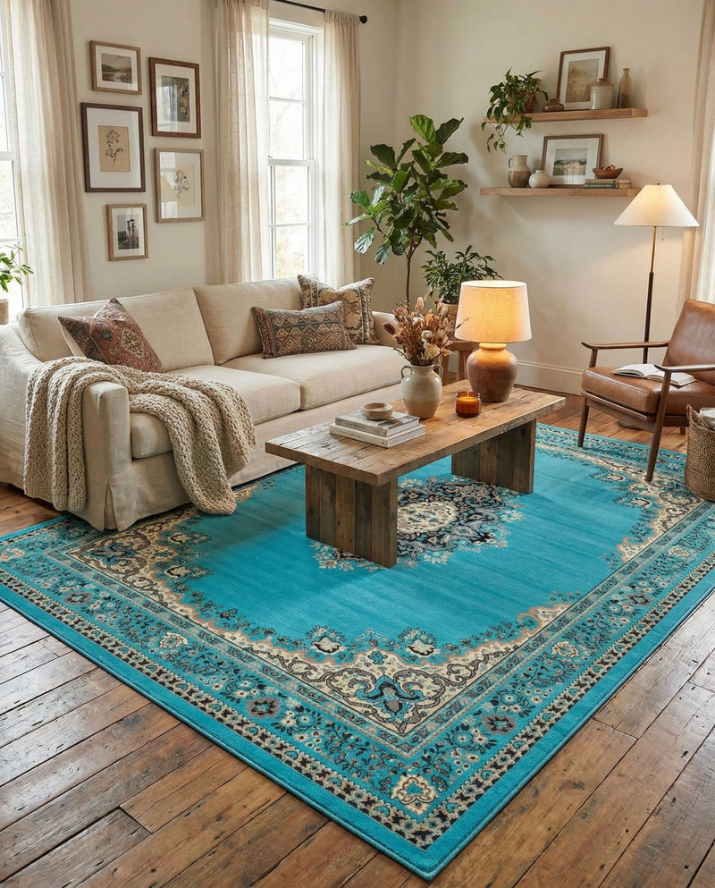 Tabriz Tapestry Collection Area Rug - Azerbaijan (Turquoise) Rectangle Turquoise  lifestyle 10