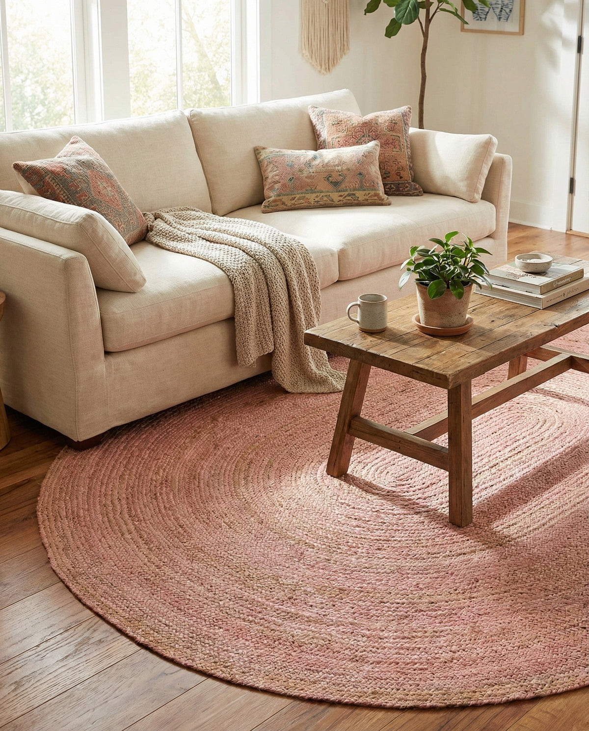 Woven Seaside Jute Collection Area Rug - Savannah (Light Pink) Oval Light Pink  lifestyle 83