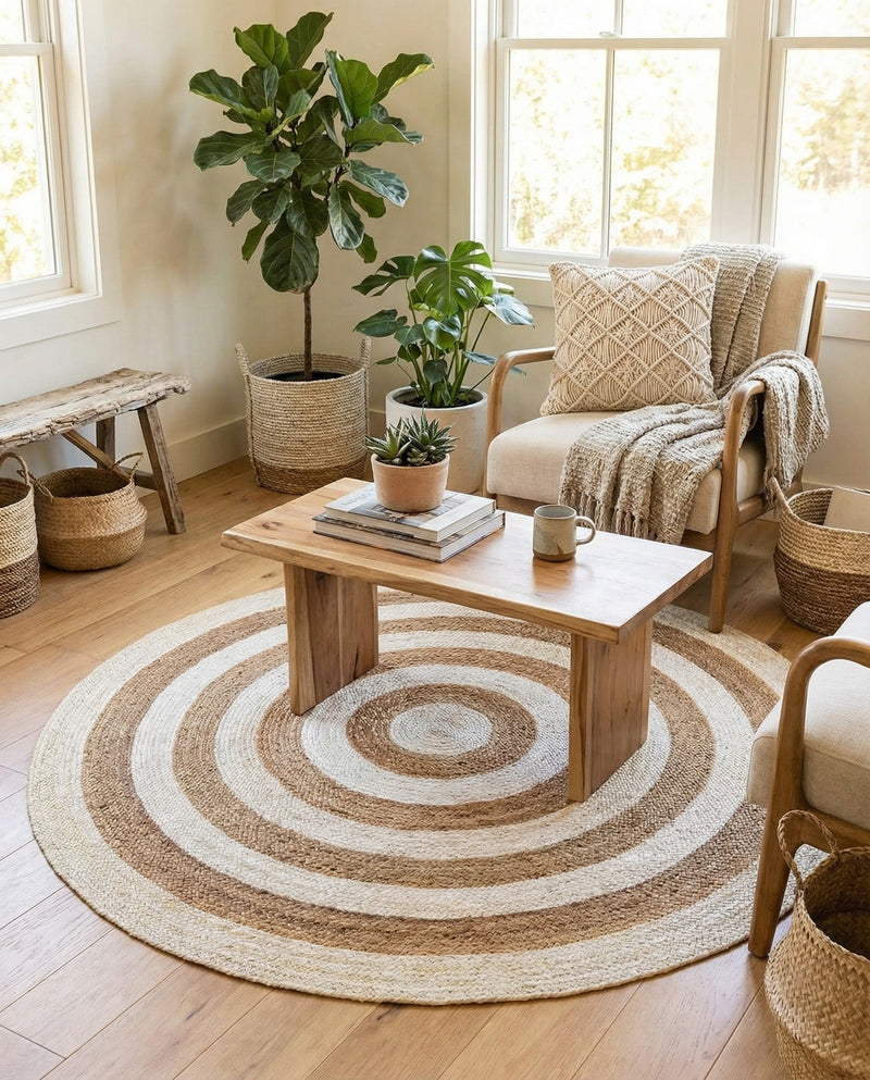 Woven Seaside Jute Collection Area Rug - Nautilus Round White Natural  lifestyle 29