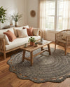 Woven Seaside Jute Collection Area Rug - Nantucket Round Black and White  lifestyle 33