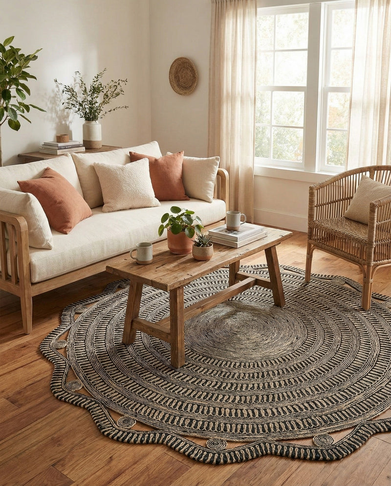 Woven Seaside Jute Collection Area Rug - Nantucket Round Black and White  lifestyle 33