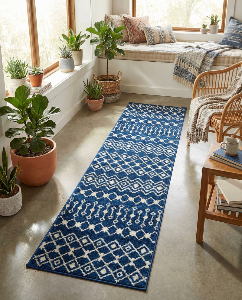 Mediterranean Lattice Collection Area Rug - Santorini (Navy Blue) Runner Navy Blue  lifestyle 34