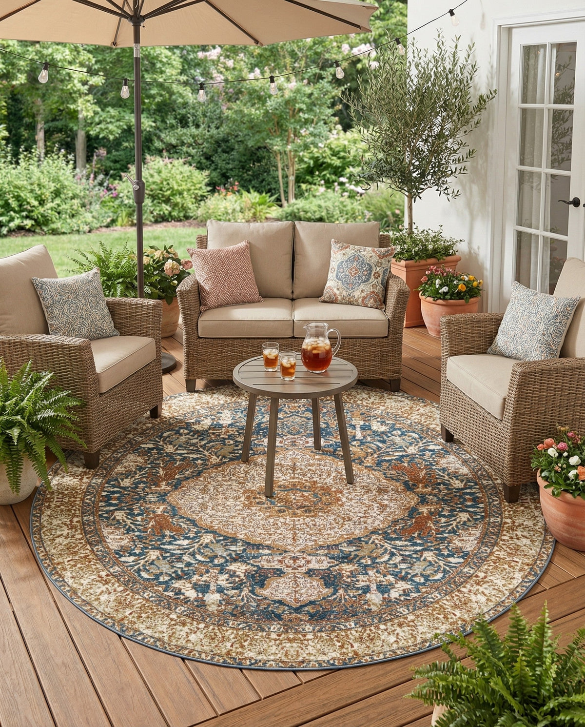 Patio Heritage Collection Area Rug -  Courtyard Round Navy Blue and Light Pink  lifestyle 96