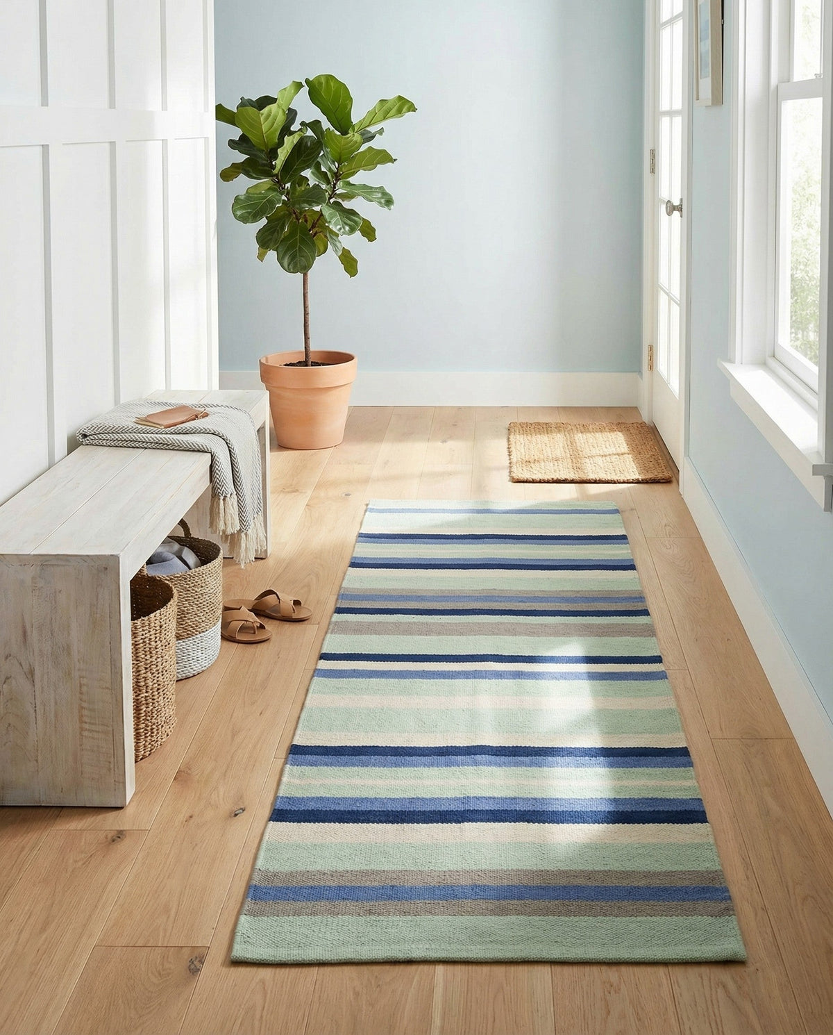 Coastal Stripe Dhurrie Collection Area Rug - Seashore Runner Aqua Blue and Gray  lifestyle 118