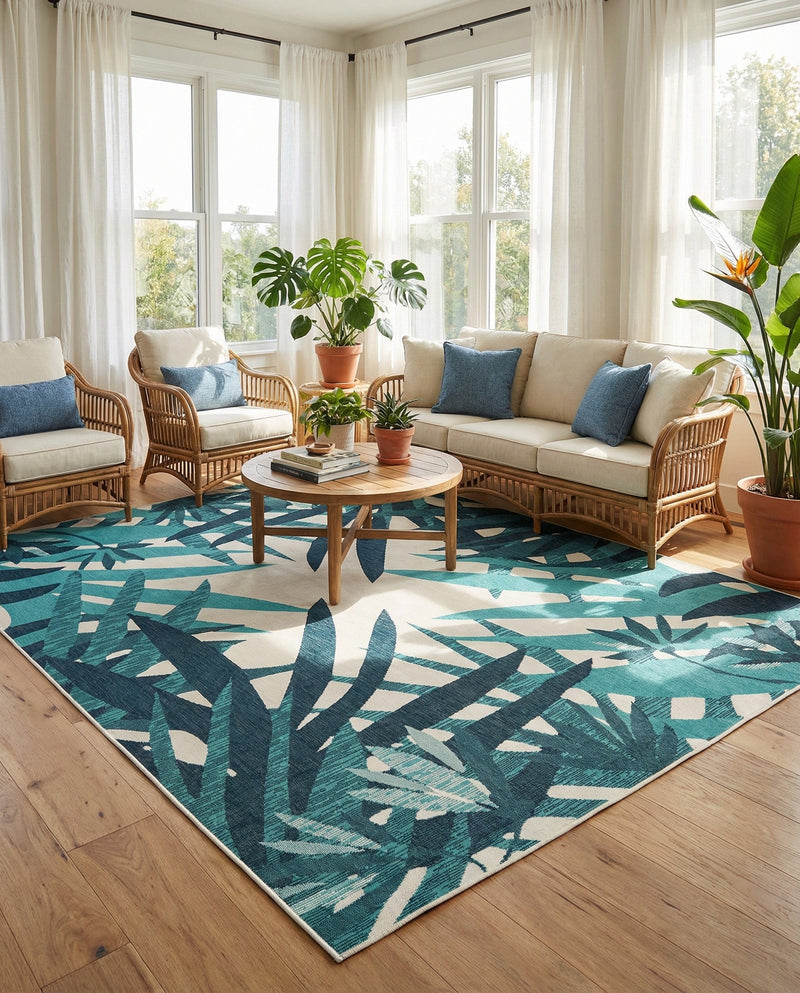 Seaside Blooms Collection Area Rug -  Provence Rectangle Teal blue  lifestyle 16