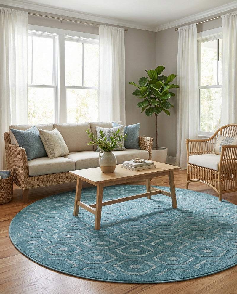 Garden Lattice Charm Collection Area Rug - Arbor (Aqua) Round Aqua  lifestyle 45
