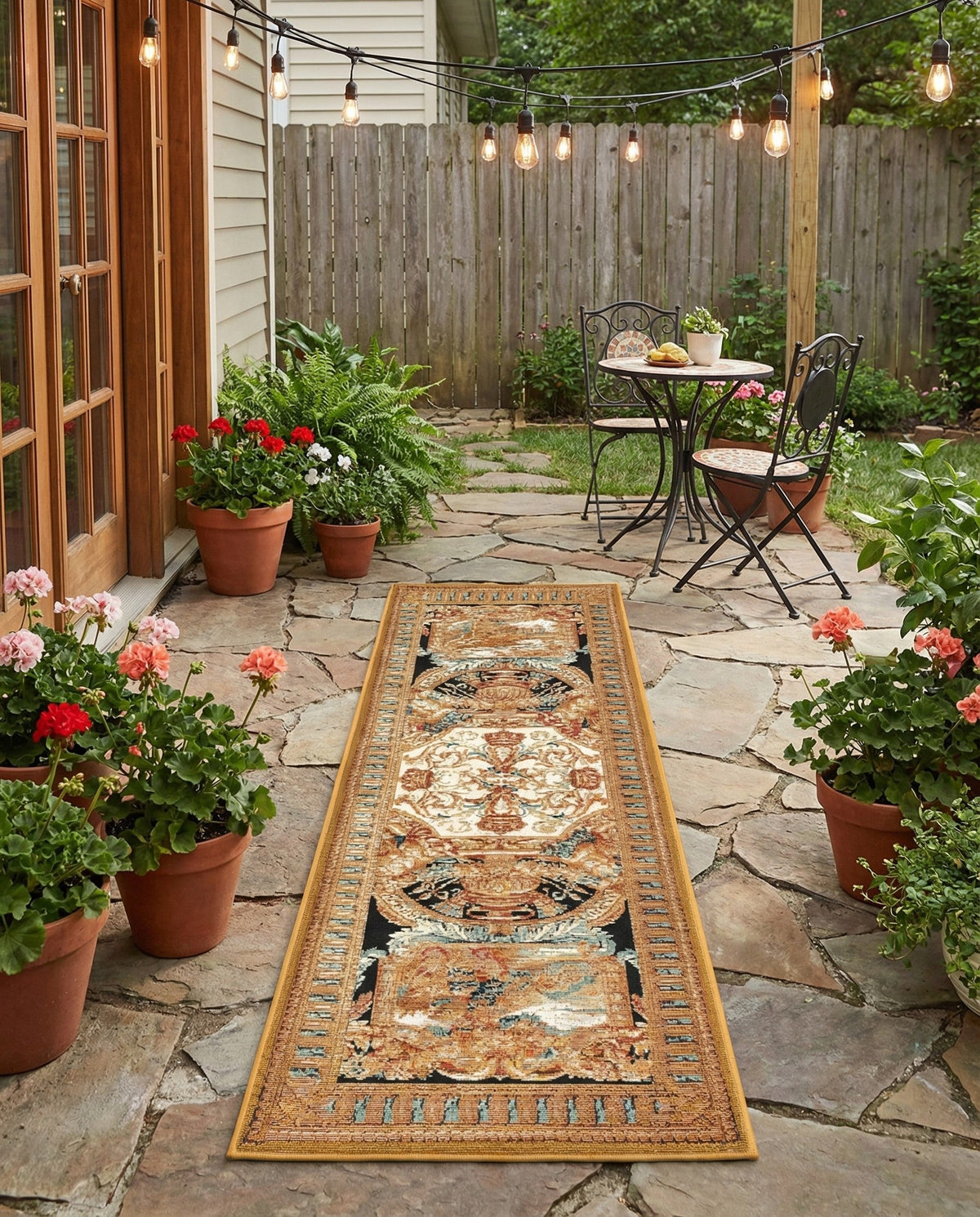 Patio Heritage Collection Area Rug - Veranda Runner Black Gold Brown  lifestyle 90