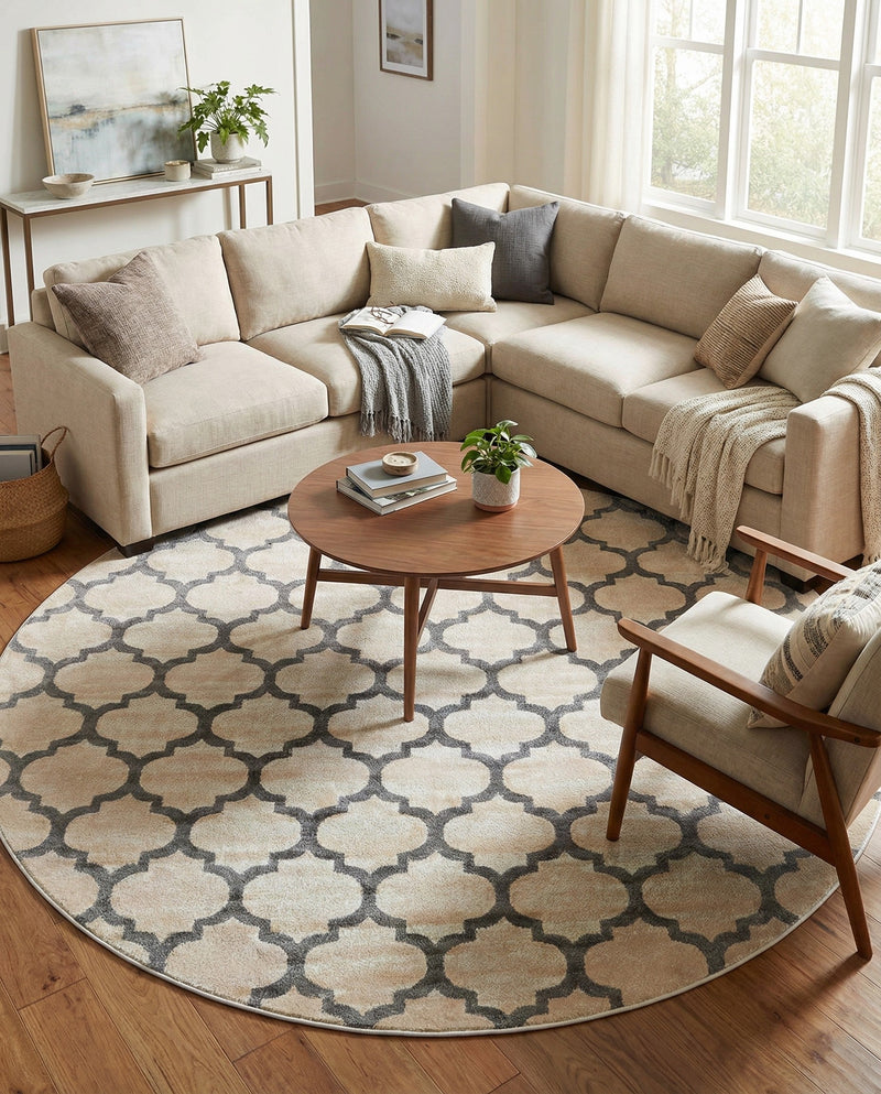 Lattice Gardens Collection Area Rug -  Bloomfield (Beige and Gray) Round Beige and Gray  lifestyle 59