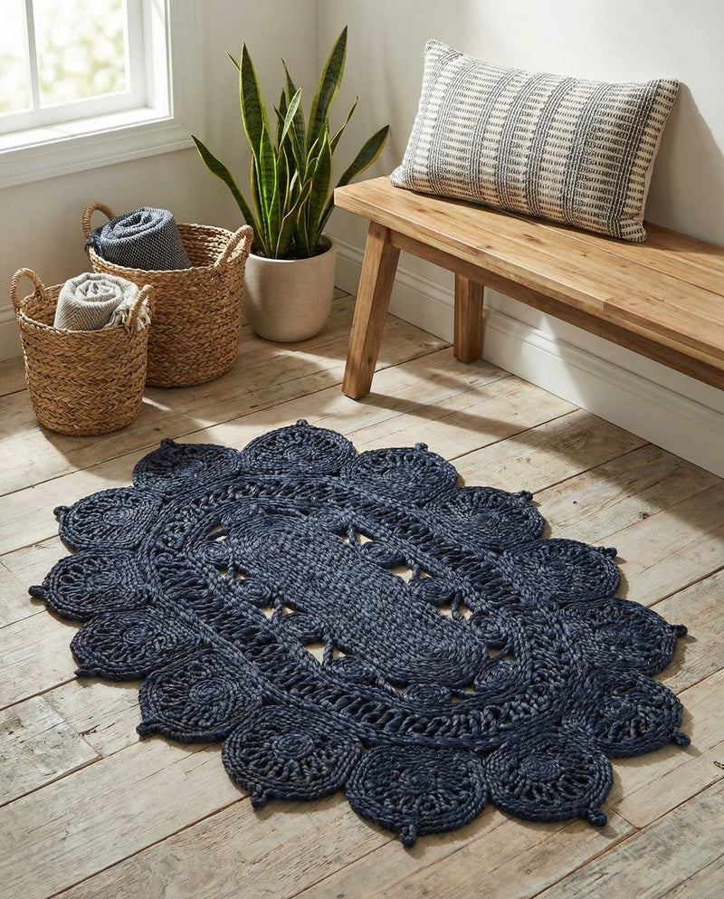 Woven Seaside Jute Collection Area Rug - Coastalhaven (Navy Blue) Oval Navy Blue  lifestyle 19