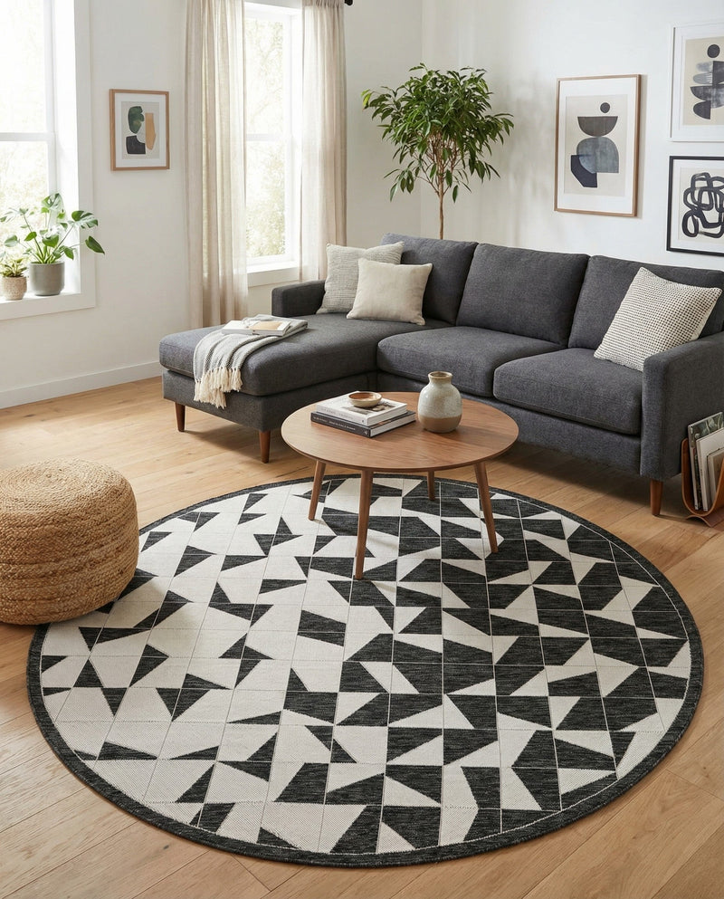 Urban Terrace Collection Area Rug -  Mercer Round Black and White  lifestyle 35