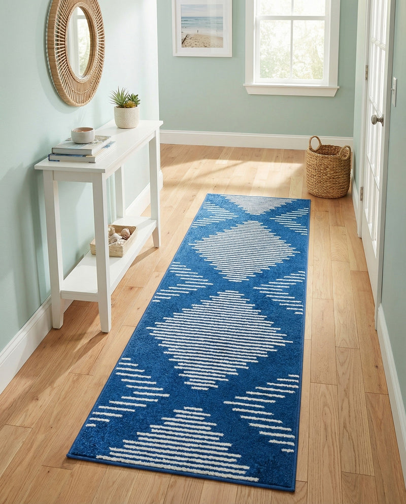 Seychelles Stripes Collection Area Rug - Mahe (Navy Blue) Runner Navy Blue  lifestyle 41