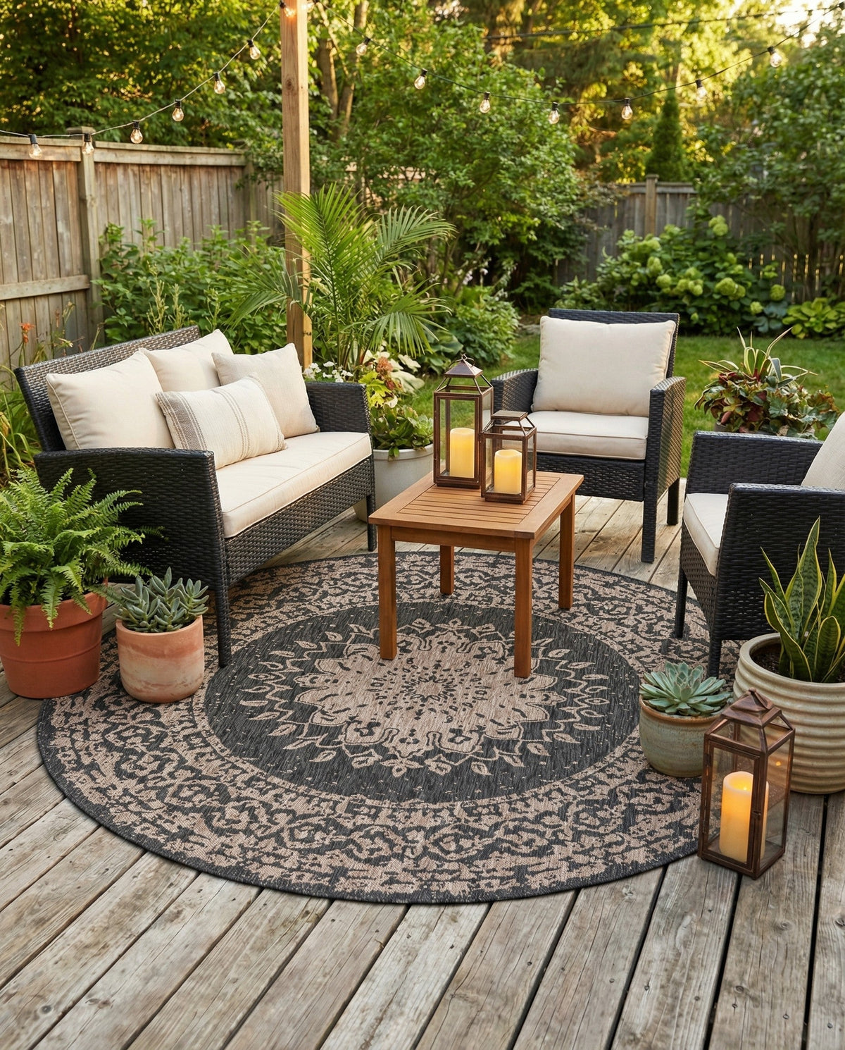 Patio Heritage Collection Area Rug -  Lafayette (Black) Round Black  lifestyle 57