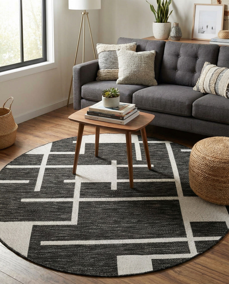 Urban Terrace Collection Area Rug -  Parkside Round Black and White  lifestyle 29