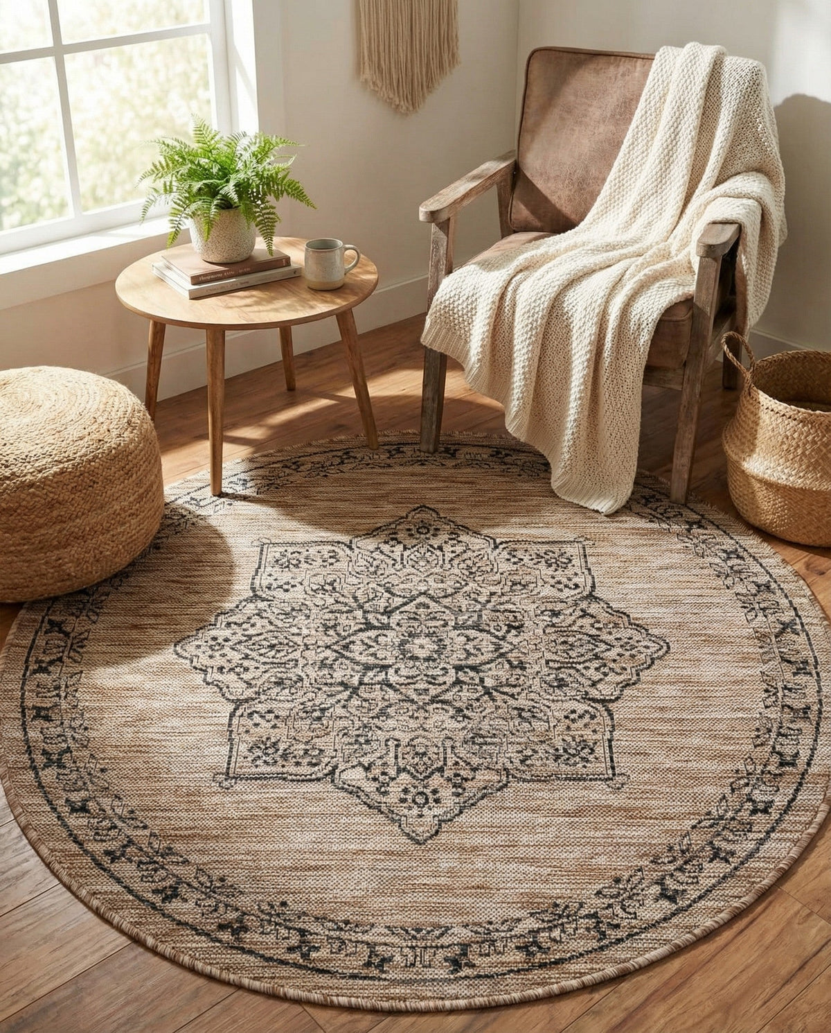 Patio Heritage Collection Area Rug -  Charleston (Beige) Round Beige  lifestyle 51