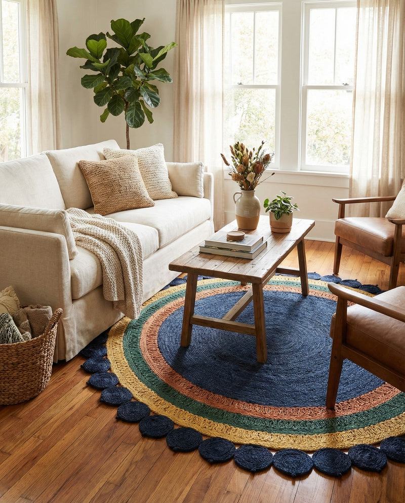 Woven Seaside Jute Collection Area Rug - Coastalhaven (Navy Blue Yellow Green) Round Navy Blue Yellow Green  lifestyle 14