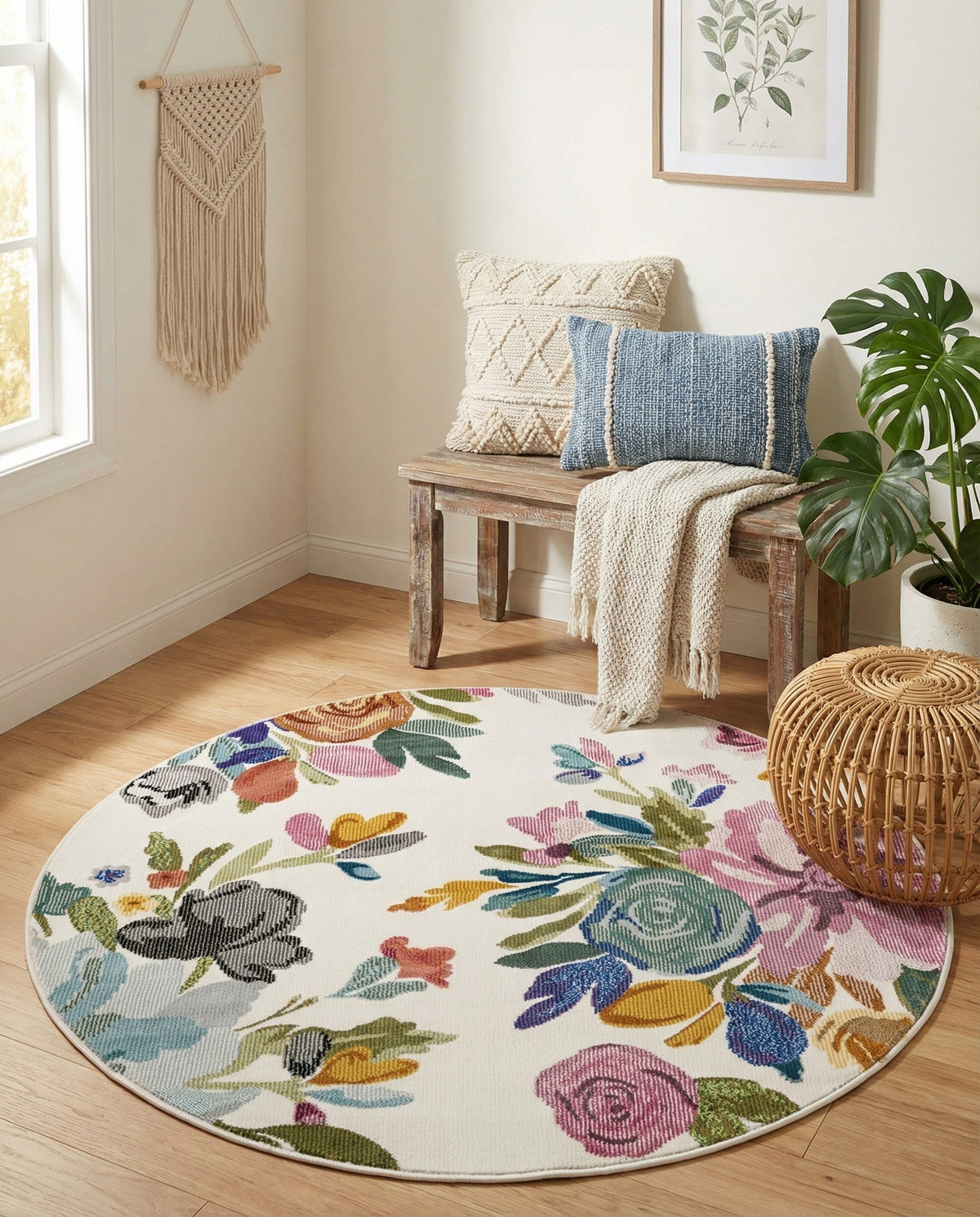 Meadow Breeze Collection Area Rug - Wildflower Round Ivory  lifestyle 162
