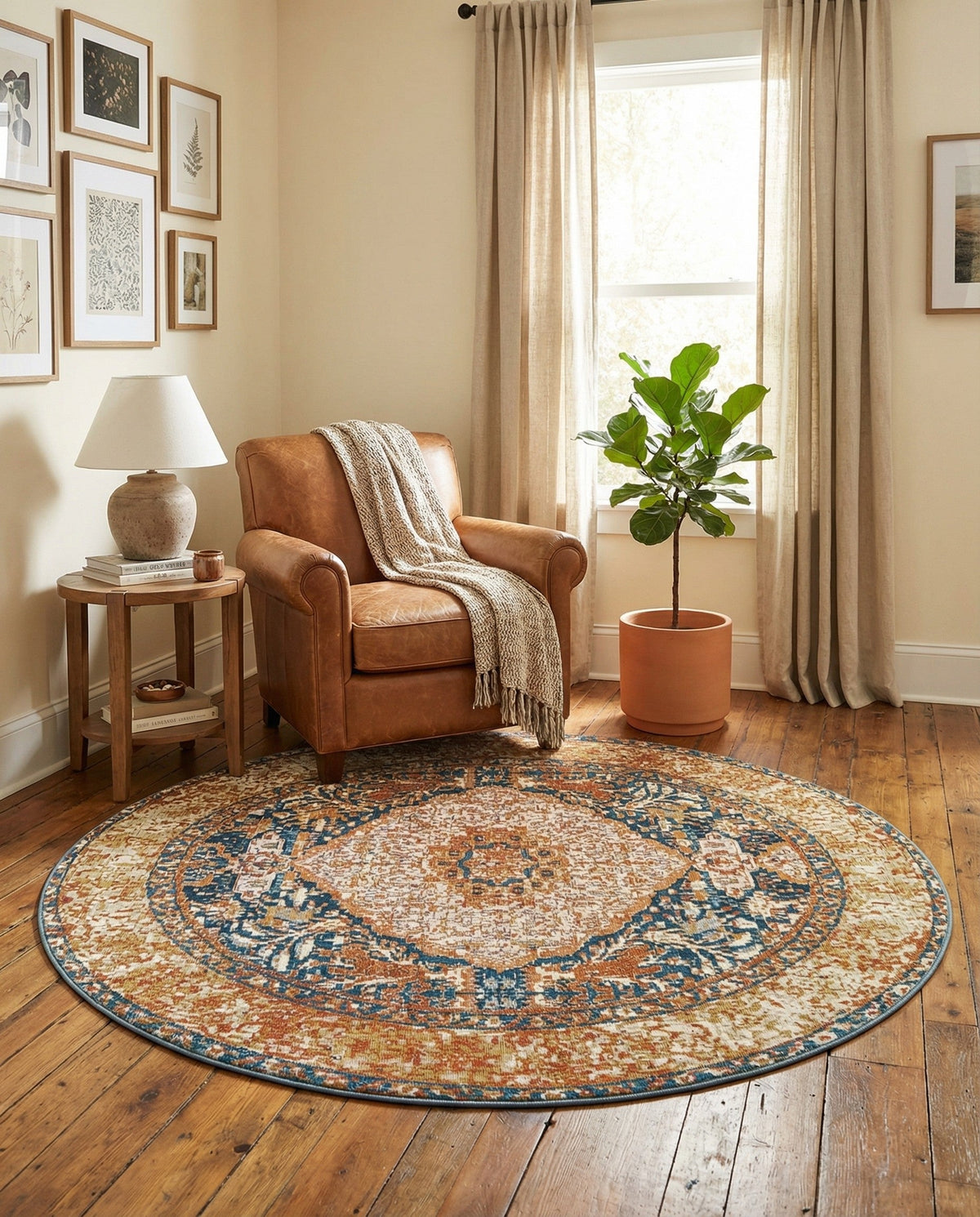 Patio Heritage Collection Area Rug -  Courtyard Round Navy Blue and Light Pink  lifestyle 90