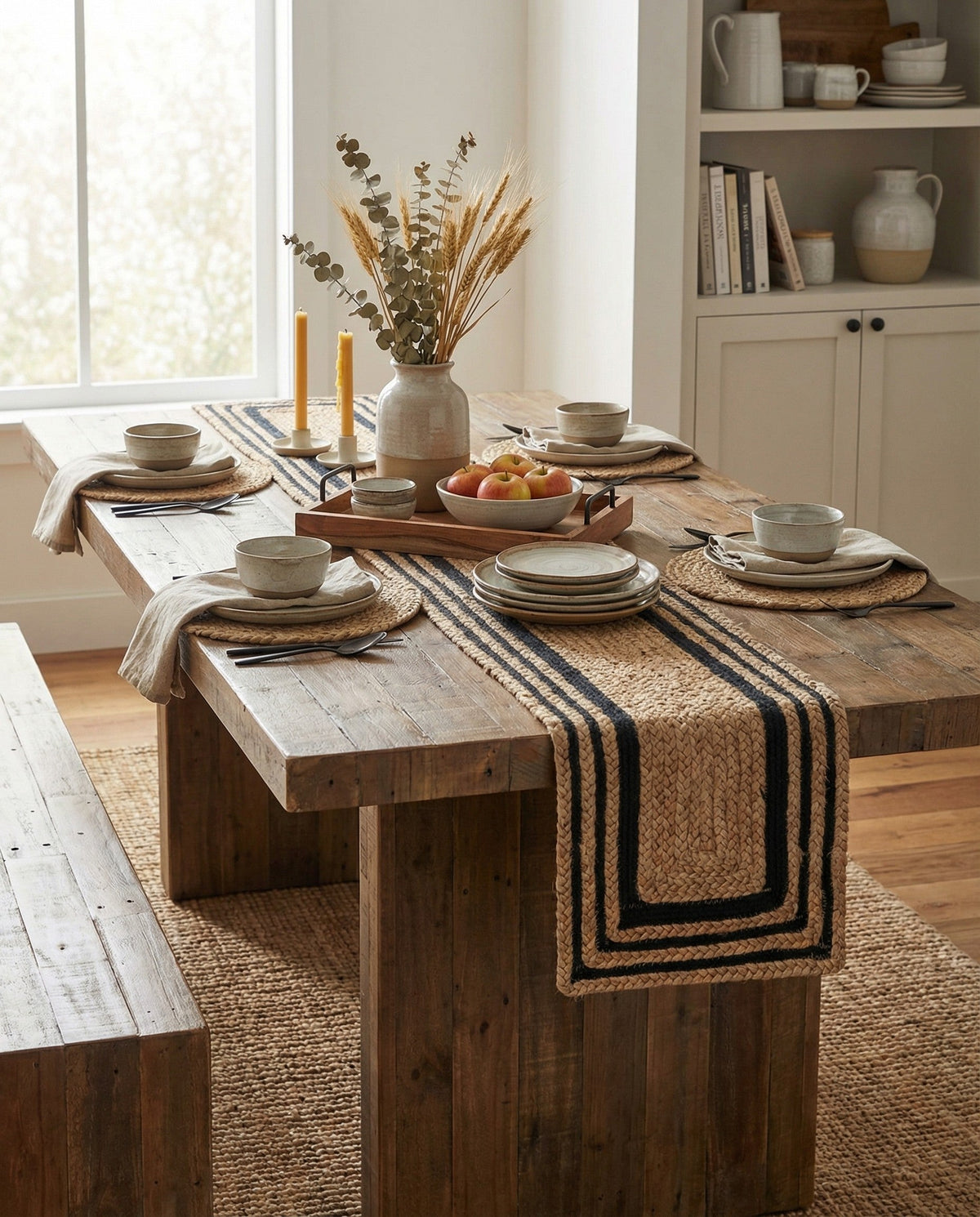 Woven Seaside Jute Collection Area Rug - Nantucket Table Runner Natural and Navy Blue  lifestyle 60