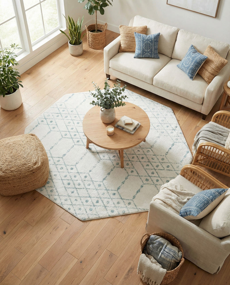 Marrakesh Lattice Collection Area Rug - Casablanca (Ivory Aqua) Octagon Ivory Aqua  lifestyle 77