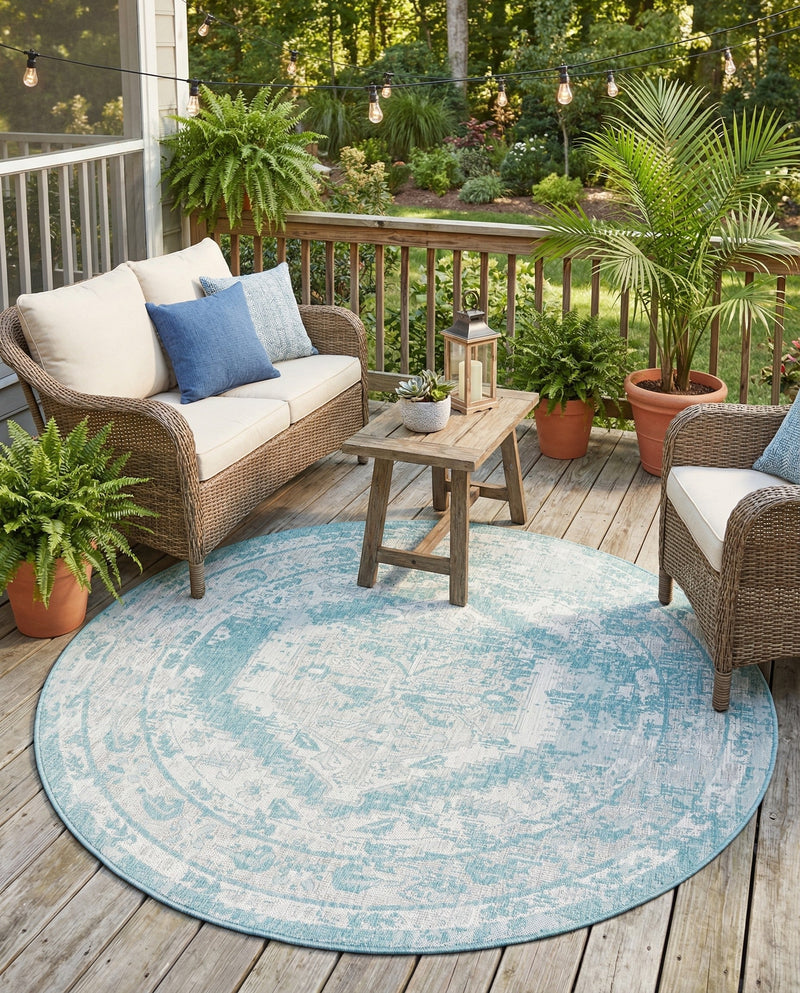 Patio Heritage Collection Area Rug -  Augusta (Aqua) Round Aqua  lifestyle 60