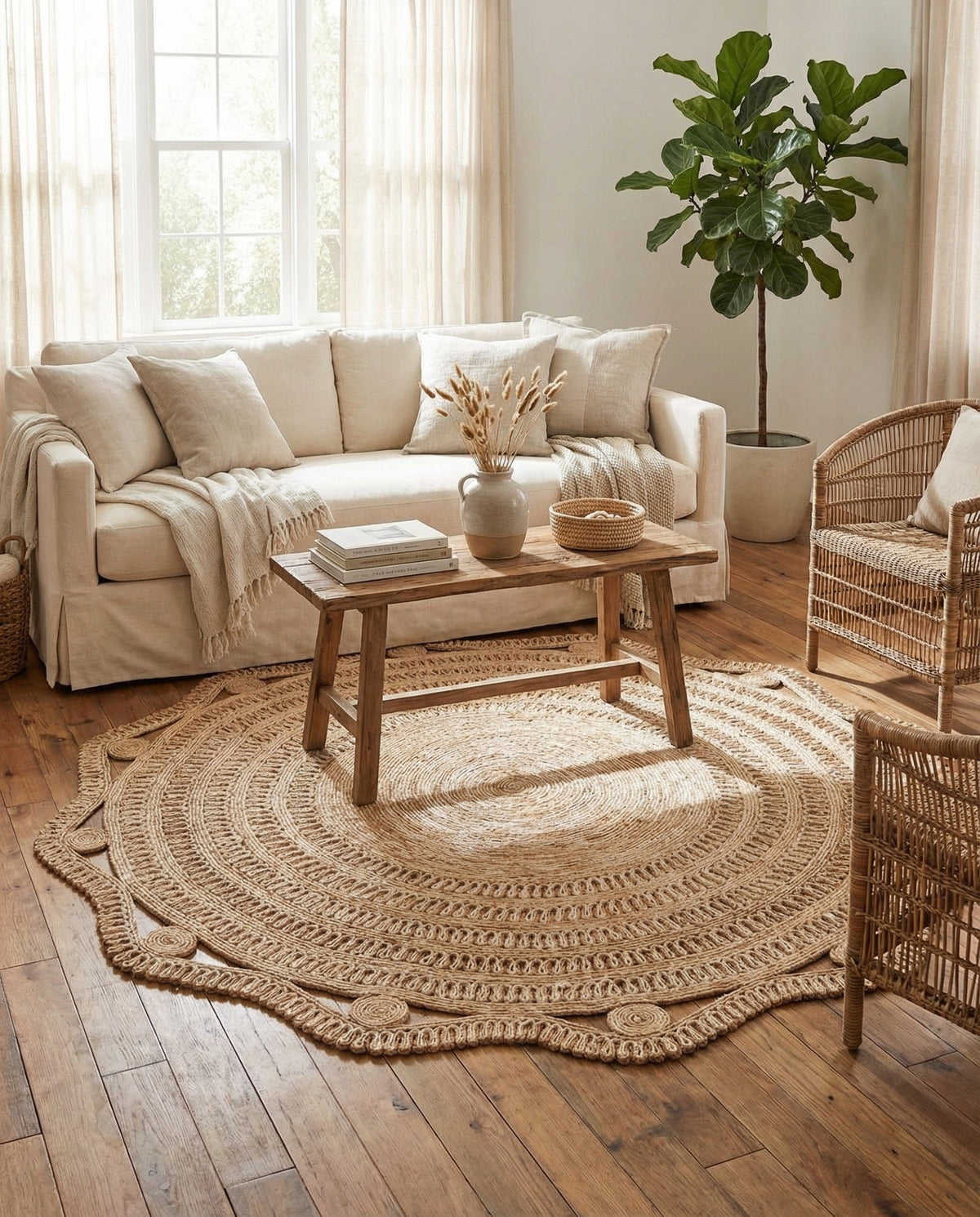 Woven Seaside Jute Collection Area Rug - Nantucket Round Natural and White  lifestyle 78