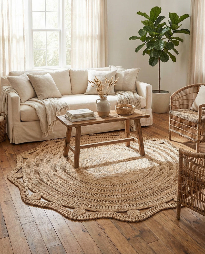 Woven Seaside Jute Collection Area Rug - Nantucket Round Natural and White  lifestyle 78