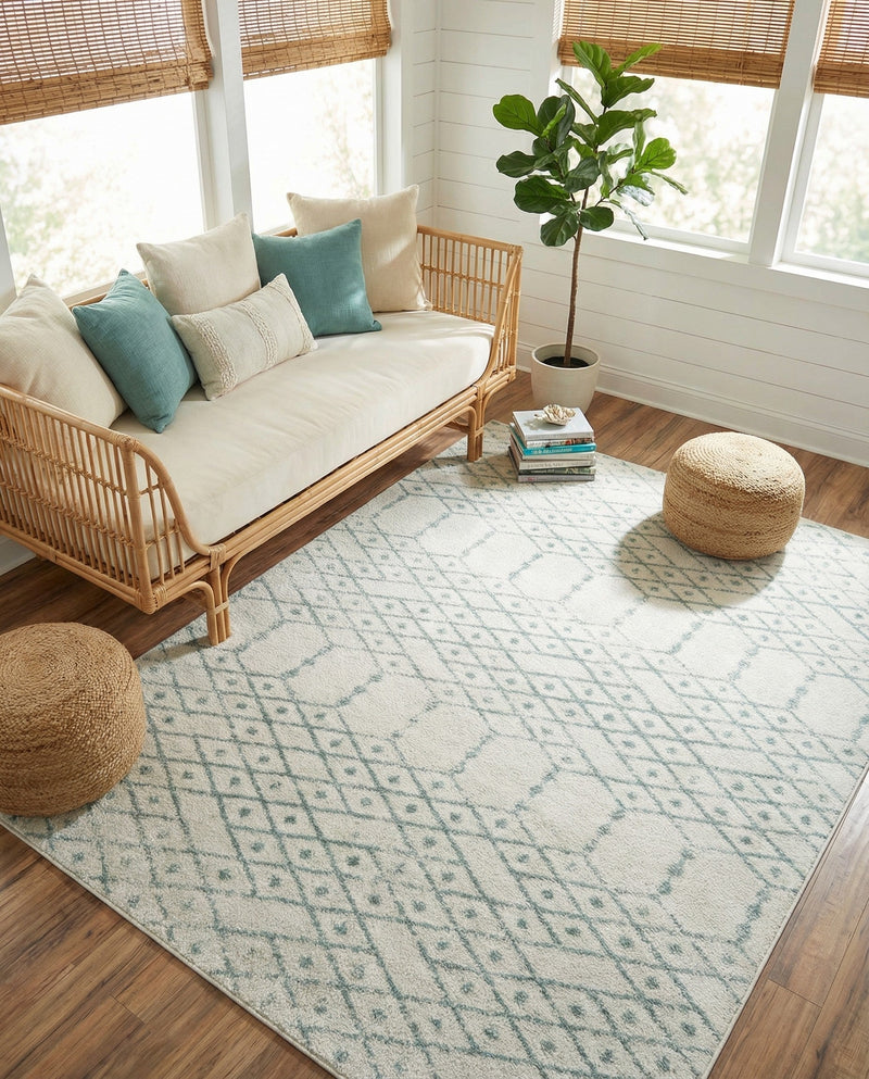 Marrakesh Lattice Collection Area Rug - Casablanca (Ivory Aqua) Rectangle Ivory Aqua  lifestyle 6