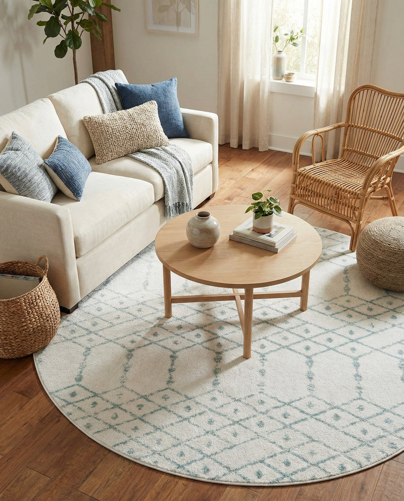 Marrakesh Lattice Collection Area Rug - Casablanca (Ivory Aqua) Round Ivory Aqua  lifestyle 79