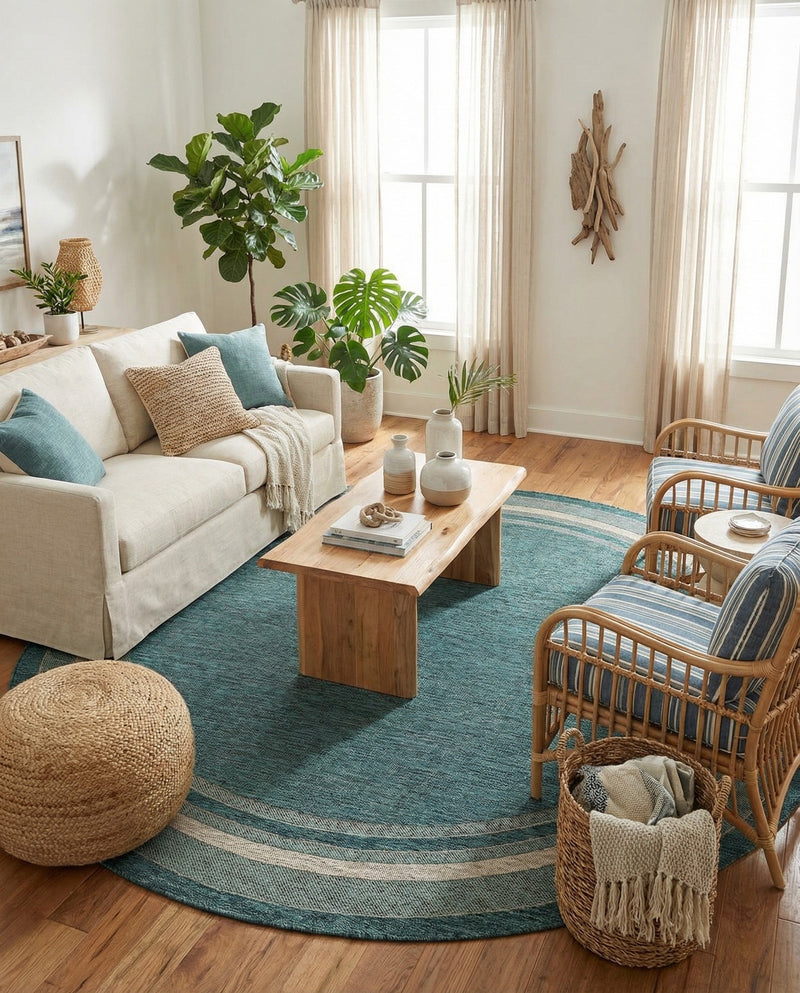 Terrace Fringe Collection Area Rug - Veranda (Teal) Round Teal  lifestyle 91