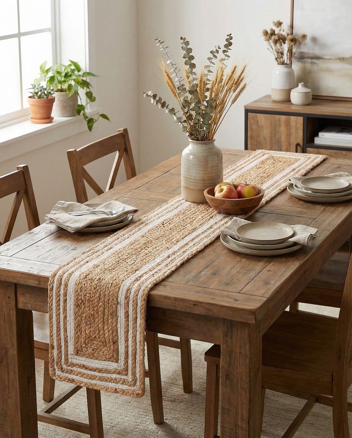 Woven Seaside Jute Collection Area Rug - Nantucket Table Runner Natural and White  lifestyle 75